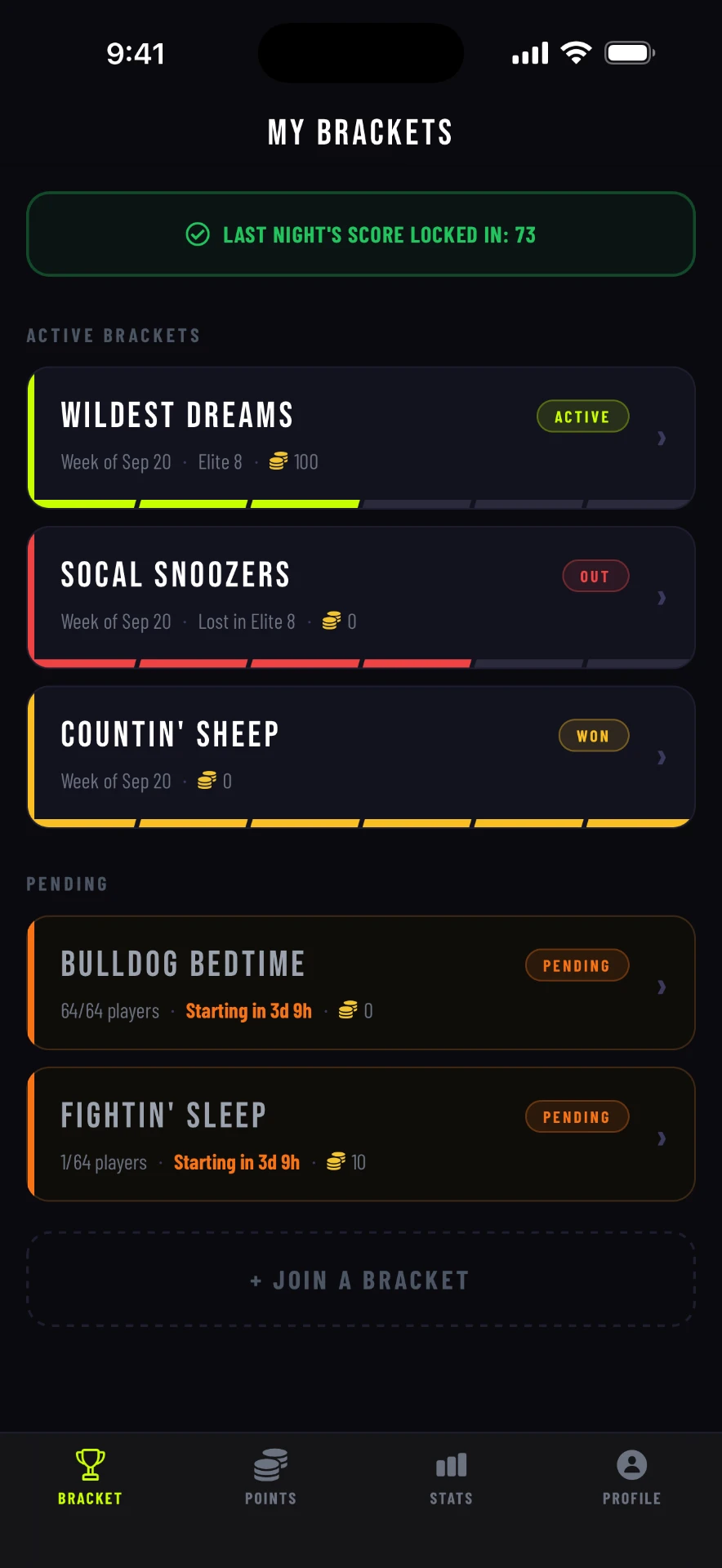 Dream Team My Brackets screen showing active, won, and pending sleep brackets